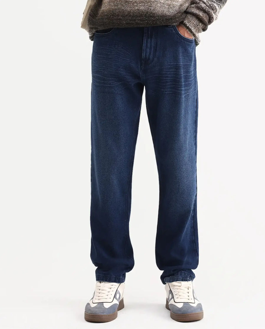 Rare Rabbit Men's Laxx Dark Blue Cotton Blend Fabric Shank And Zipper Kurt Carrot Plain Jeans