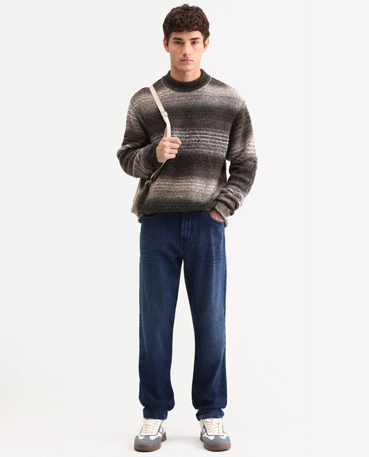 Rare Rabbit Men's Laxx Dark Blue Cotton Blend Fabric Shank And Zipper Kurt Carrot Plain Jeans