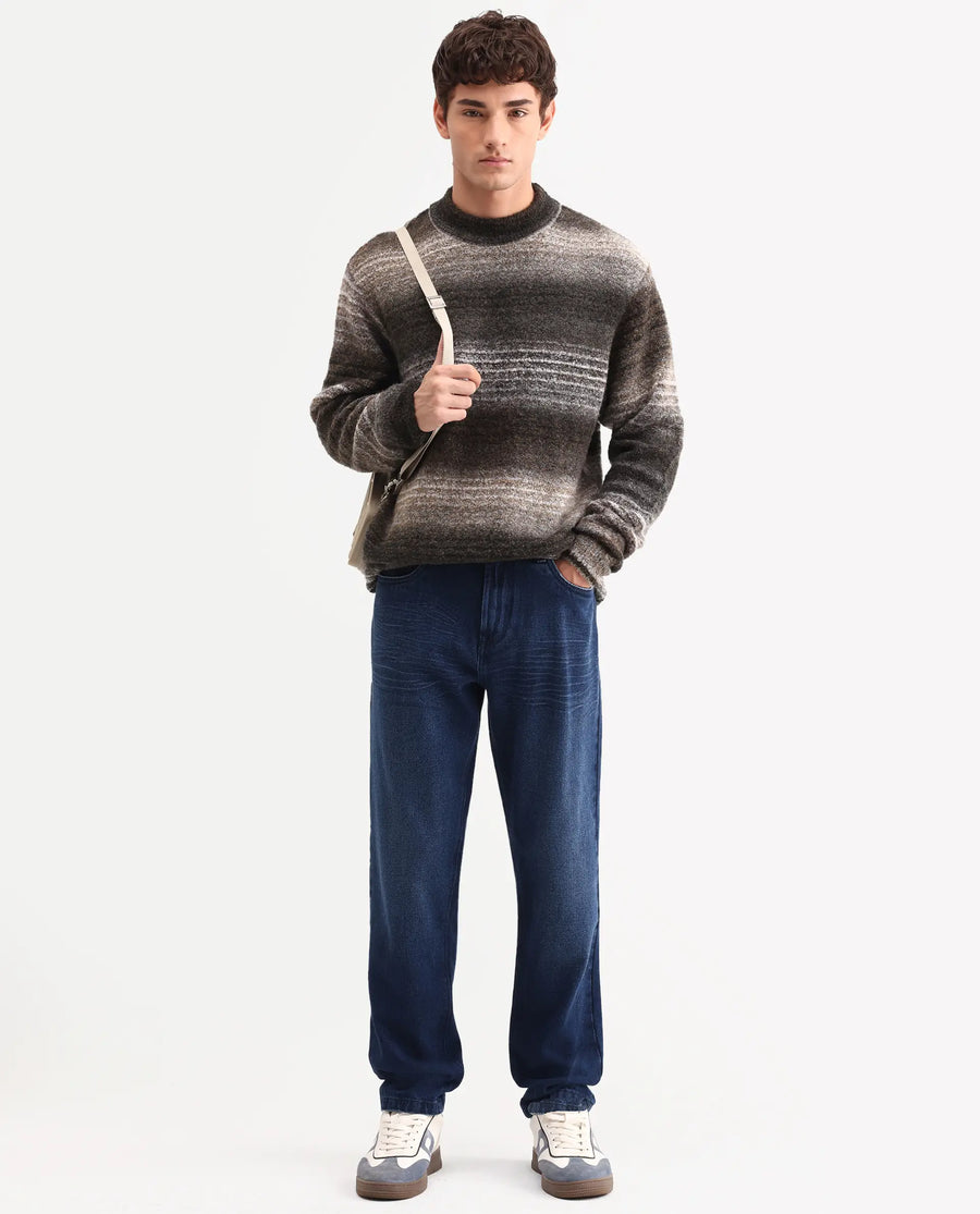 Rare Rabbit Men's Laxx Dark Blue Cotton Blend Fabric Shank And Zipper Kurt Carrot Plain Jeans