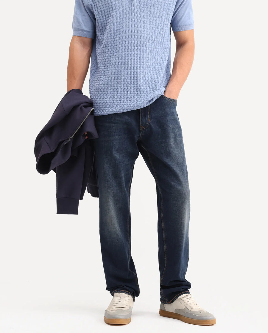 Rare Rabbit Men's Naze Dark Navy Cotton Blend Fabric Shank And Zipper Morris Regular Plain Jeans