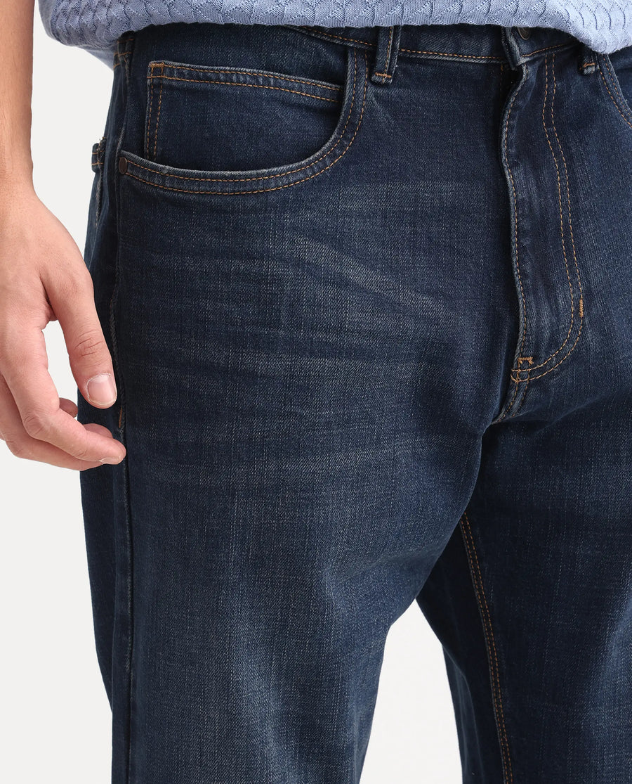 Rare Rabbit Men's Naze Dark Navy Cotton Blend Fabric Shank And Zipper Morris Regular Plain Jeans