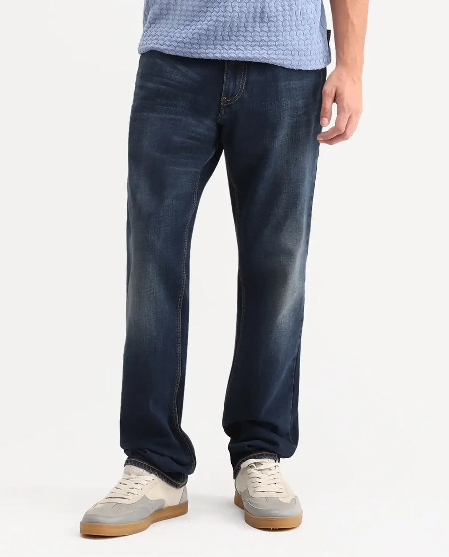 Rare Rabbit Men's Naze Dark Navy Cotton Blend Fabric Shank And Zipper Morris Regular Plain Jeans
