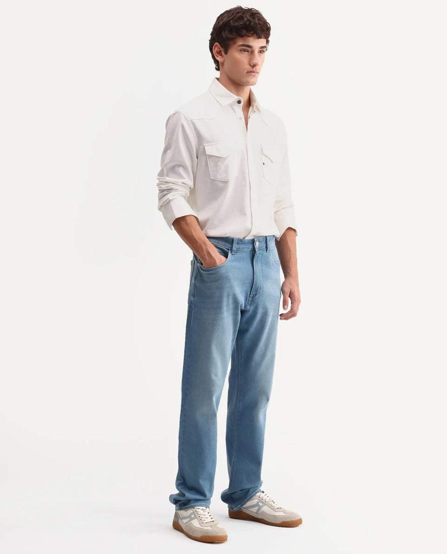 Rare Rabbit Men's Nazek Light Blue Cotton Blend Fabric Shank And Zipper Morris Regular Fit Plain Jeans