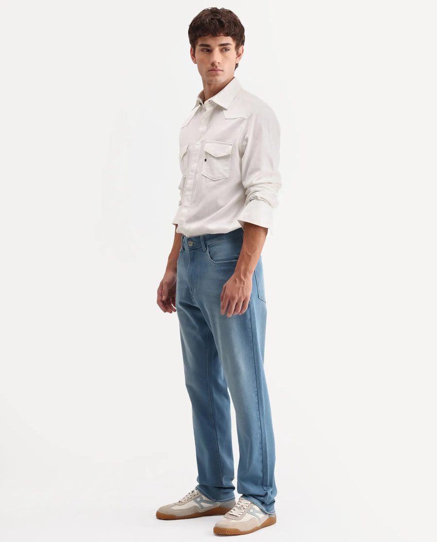 Rare Rabbit Men's Nazek Light Blue Cotton Blend Fabric Shank And Zipper Morris Regular Fit Plain Jeans
