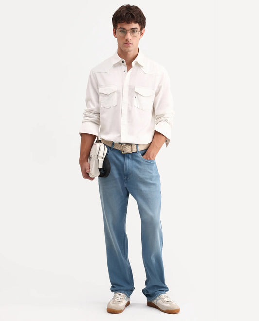 Rare Rabbit Men's Nazek Light Blue Cotton Blend Fabric Shank And Zipper Morris Regular Fit Plain Jeans