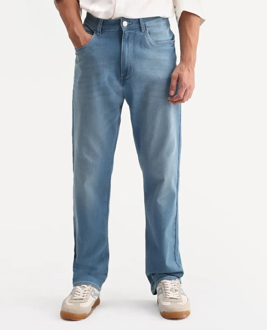 Rare Rabbit Men's Nazek Light Blue Cotton Blend Fabric Shank And Zipper Morris Regular Fit Plain Jeans