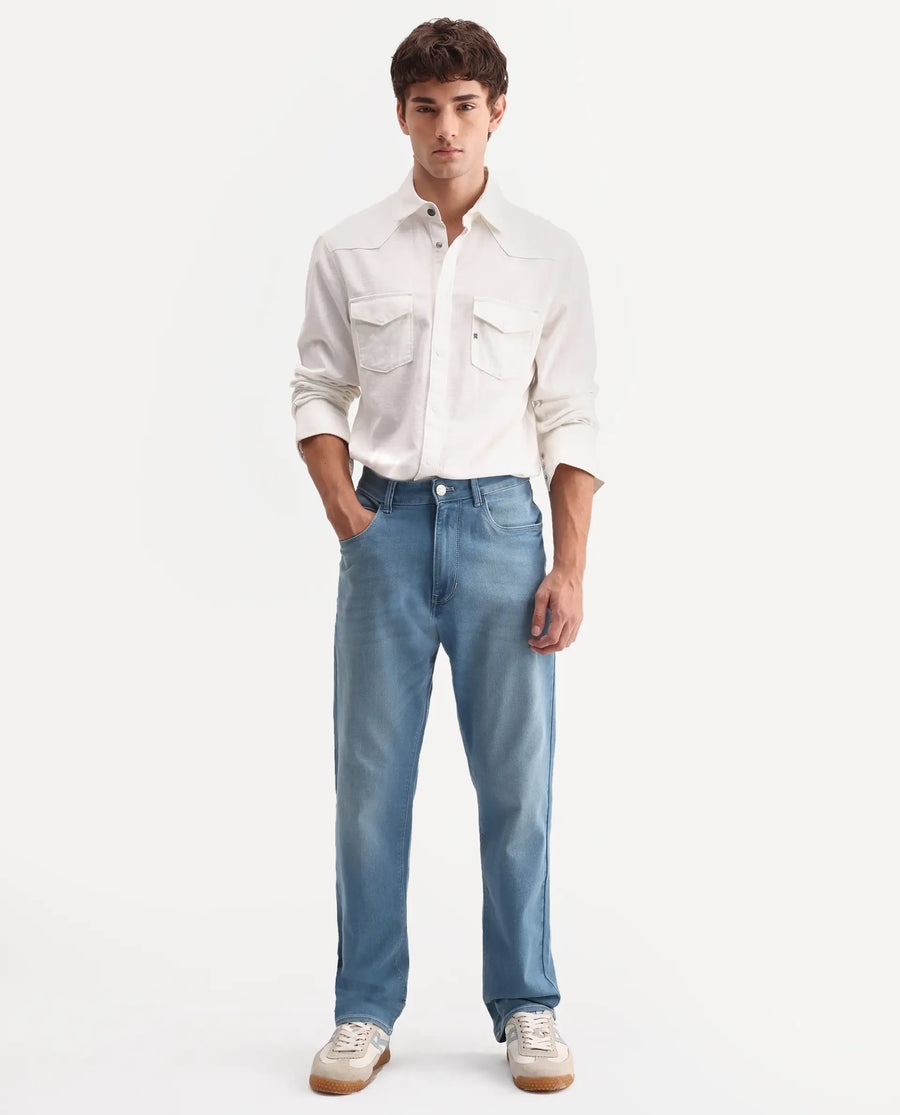 Rare Rabbit Men's Nazek Light Blue Cotton Blend Fabric Shank And Zipper Morris Regular Fit Plain Jeans