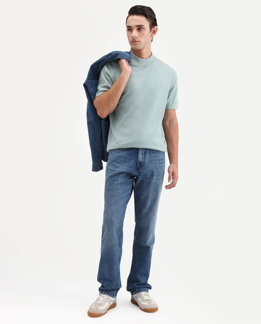 Rare Rabbit Men's Kien Blue Cotton Blend Fabric Shank And Zipper Morris Regular Plain Jeans