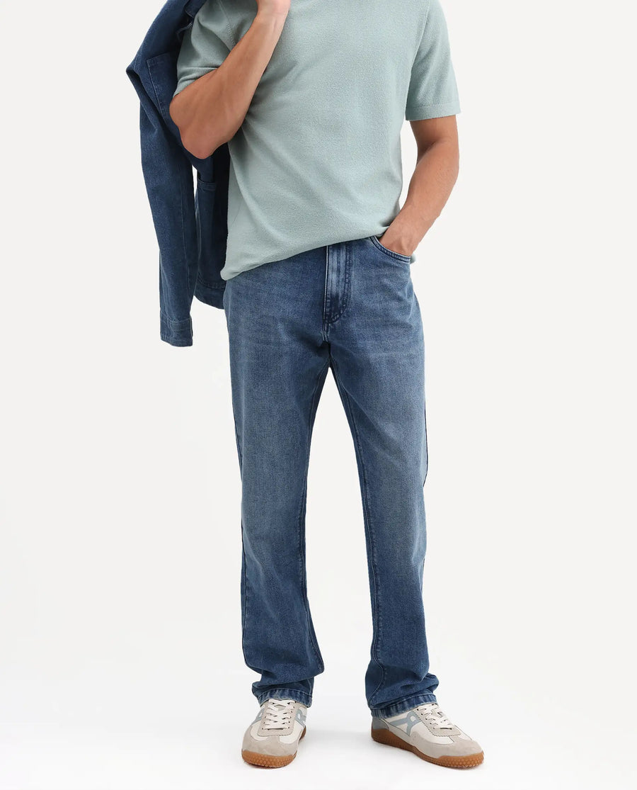 Rare Rabbit Men's Kien Blue Cotton Blend Fabric Shank And Zipper Morris Regular Plain Jeans