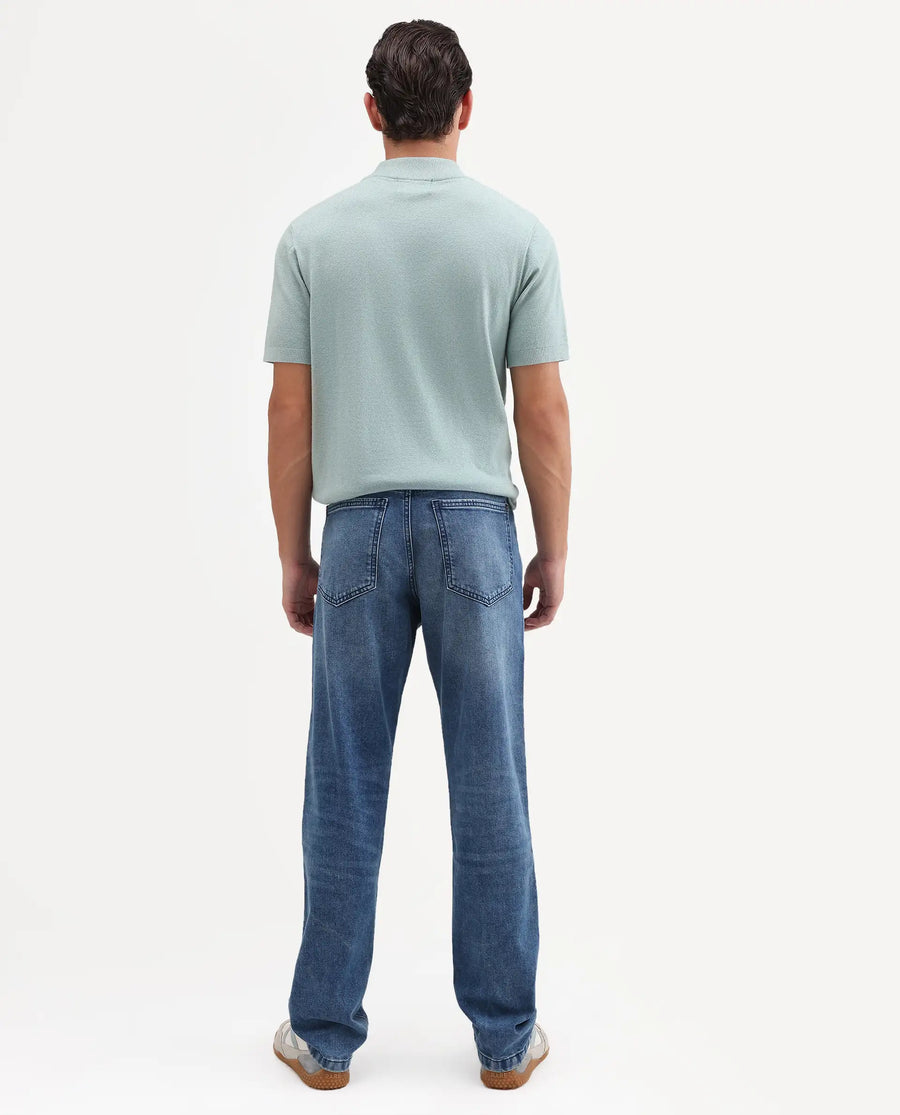 Rare Rabbit Men's Kien Blue Cotton Blend Fabric Shank And Zipper Morris Regular Plain Jeans