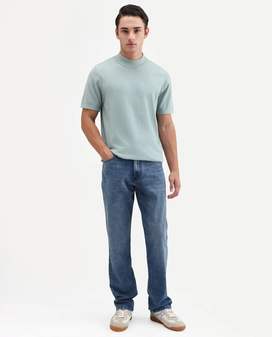 Rare Rabbit Men's Kien Blue Cotton Blend Fabric Shank And Zipper Morris Regular Plain Jeans