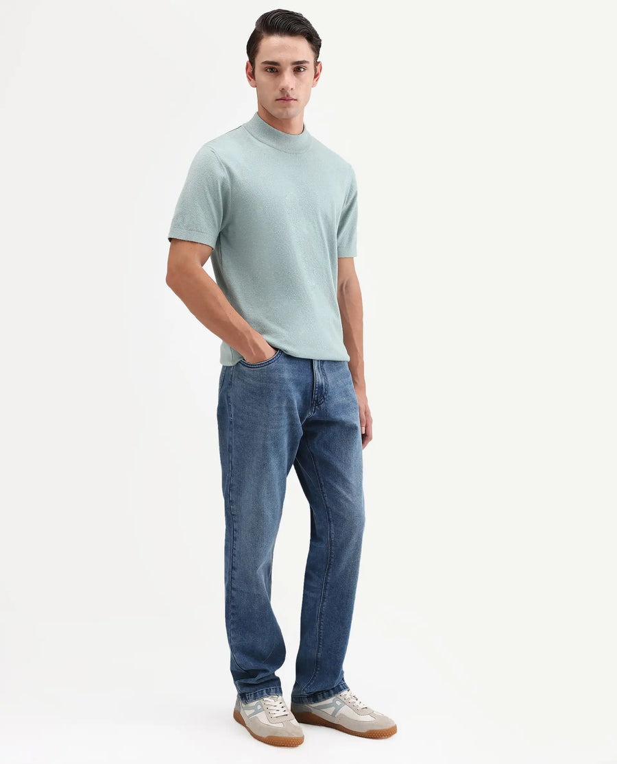 Rare Rabbit Men's Kien Blue Cotton Blend Fabric Shank And Zipper Morris Regular Plain Jeans