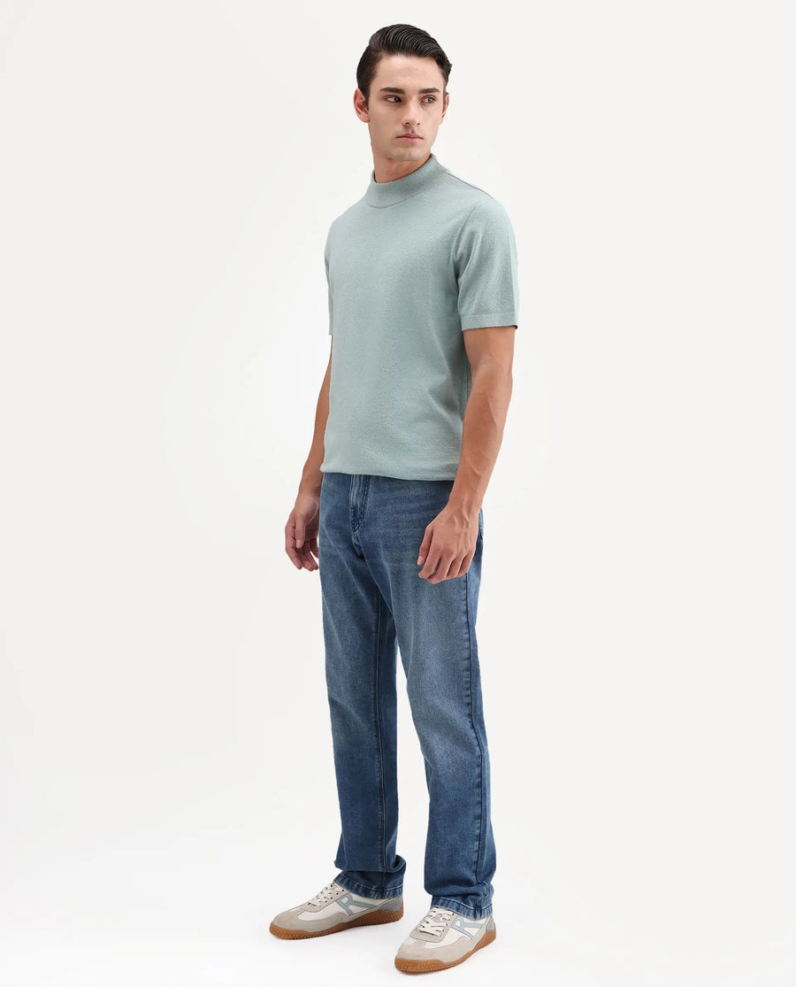 Rare Rabbit Men's Kien Blue Cotton Blend Fabric Shank And Zipper Morris Regular Plain Jeans