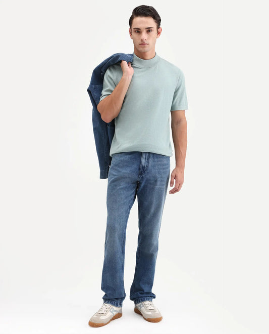Rare Rabbit Men's Kien Blue Cotton Blend Fabric Shank And Zipper Morris Regular Plain Jeans
