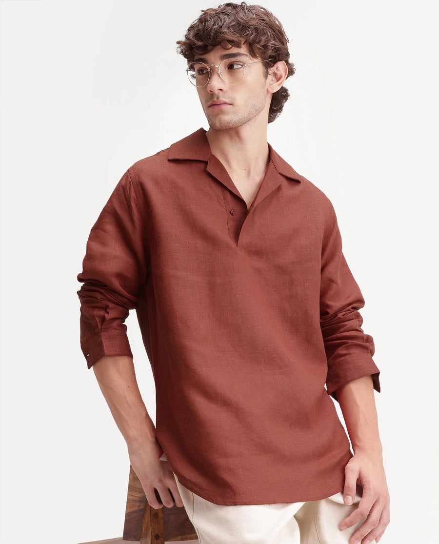 Rare Rabbit Men's Aerik Red Linen Blend Fabric Full Sleeve Cuban Collar Button Regular Plain Shirt