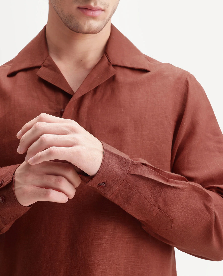 Rare Rabbit Men's Aerik Red Linen Blend Fabric Full Sleeve Cuban Collar Button Regular Plain Shirt
