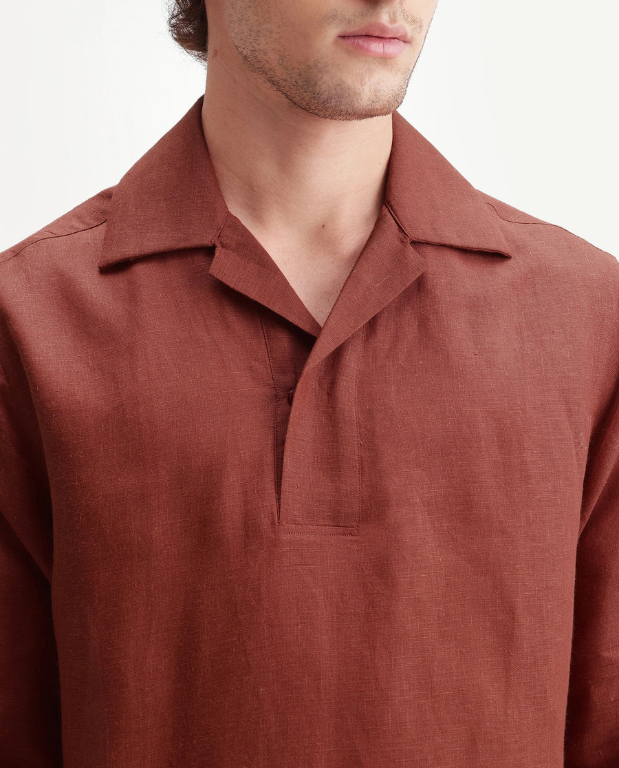 Rare Rabbit Men's Aerik Red Linen Blend Fabric Full Sleeve Cuban Collar Button Regular Plain Shirt