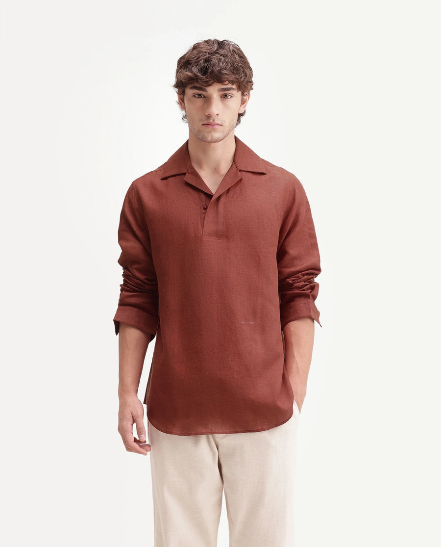Rare Rabbit Men's Aerik Red Linen Blend Fabric Full Sleeve Cuban Collar Button Regular Plain Shirt