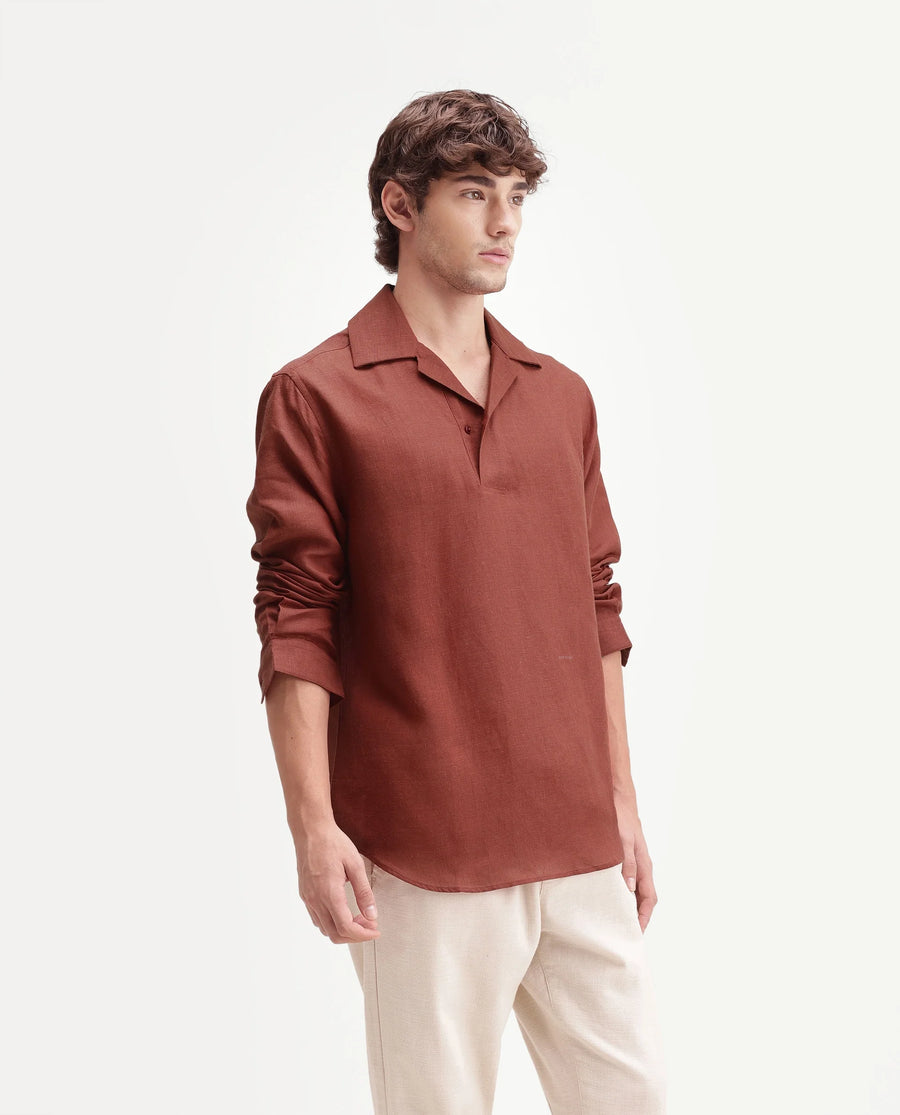 Rare Rabbit Men's Aerik Red Linen Blend Fabric Full Sleeve Cuban Collar Button Regular Plain Shirt