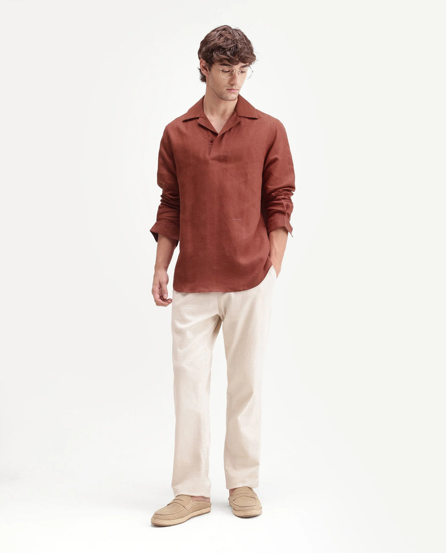 Rare Rabbit Men's Aerik Red Linen Blend Fabric Full Sleeve Cuban Collar Button Regular Plain Shirt