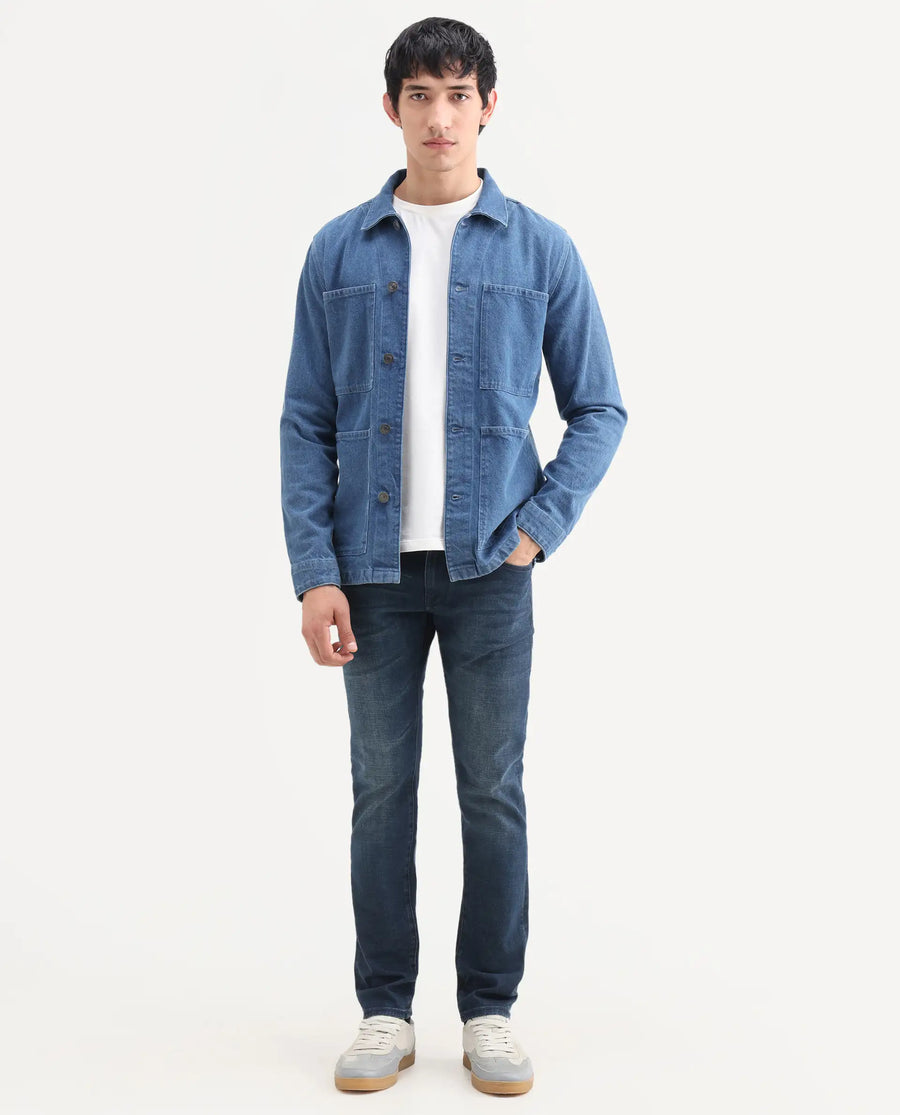 Rare Rabbit Men's Lenz D Dark Blue Cotton Blend Fabric Shank And Zipper Hawk Slim Plain Jeans