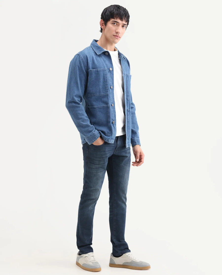 Rare Rabbit Men's Lenz D Dark Blue Cotton Blend Fabric Shank And Zipper Hawk Slim Plain Jeans