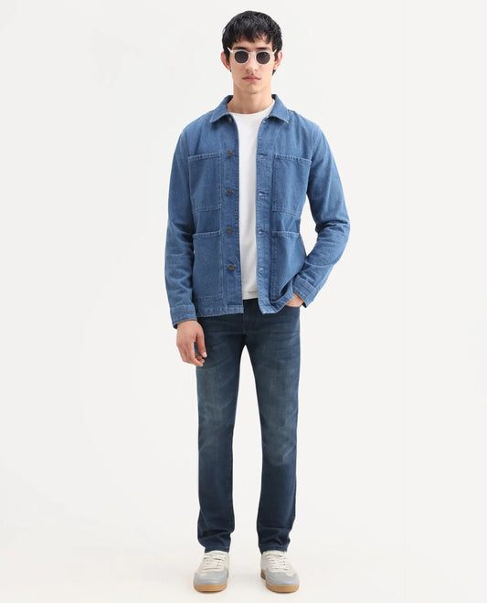 Rare Rabbit Men's Lenz D Dark Blue Cotton Blend Fabric Shank And Zipper Hawk Slim Plain Jeans