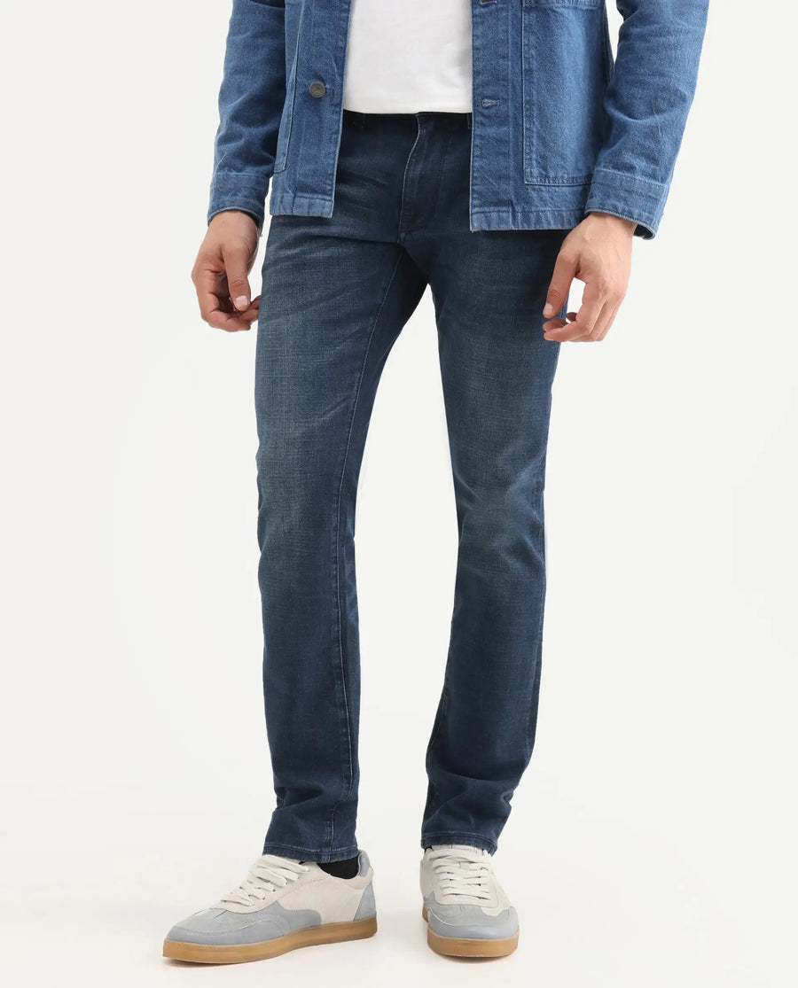Rare Rabbit Men's Lenz D Dark Blue Cotton Blend Fabric Shank And Zipper Hawk Slim Plain Jeans