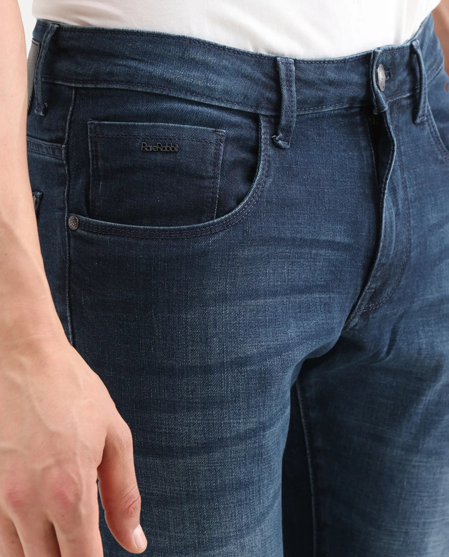 Rare Rabbit Men's Lenz D Dark Blue Cotton Blend Fabric Shank And Zipper Hawk Slim Plain Jeans