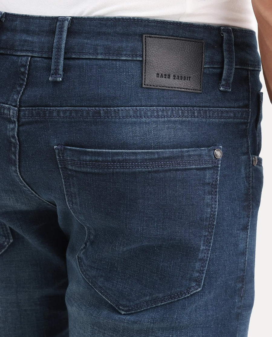 Rare Rabbit Men's Lenz D Dark Blue Cotton Blend Fabric Shank And Zipper Hawk Slim Plain Jeans