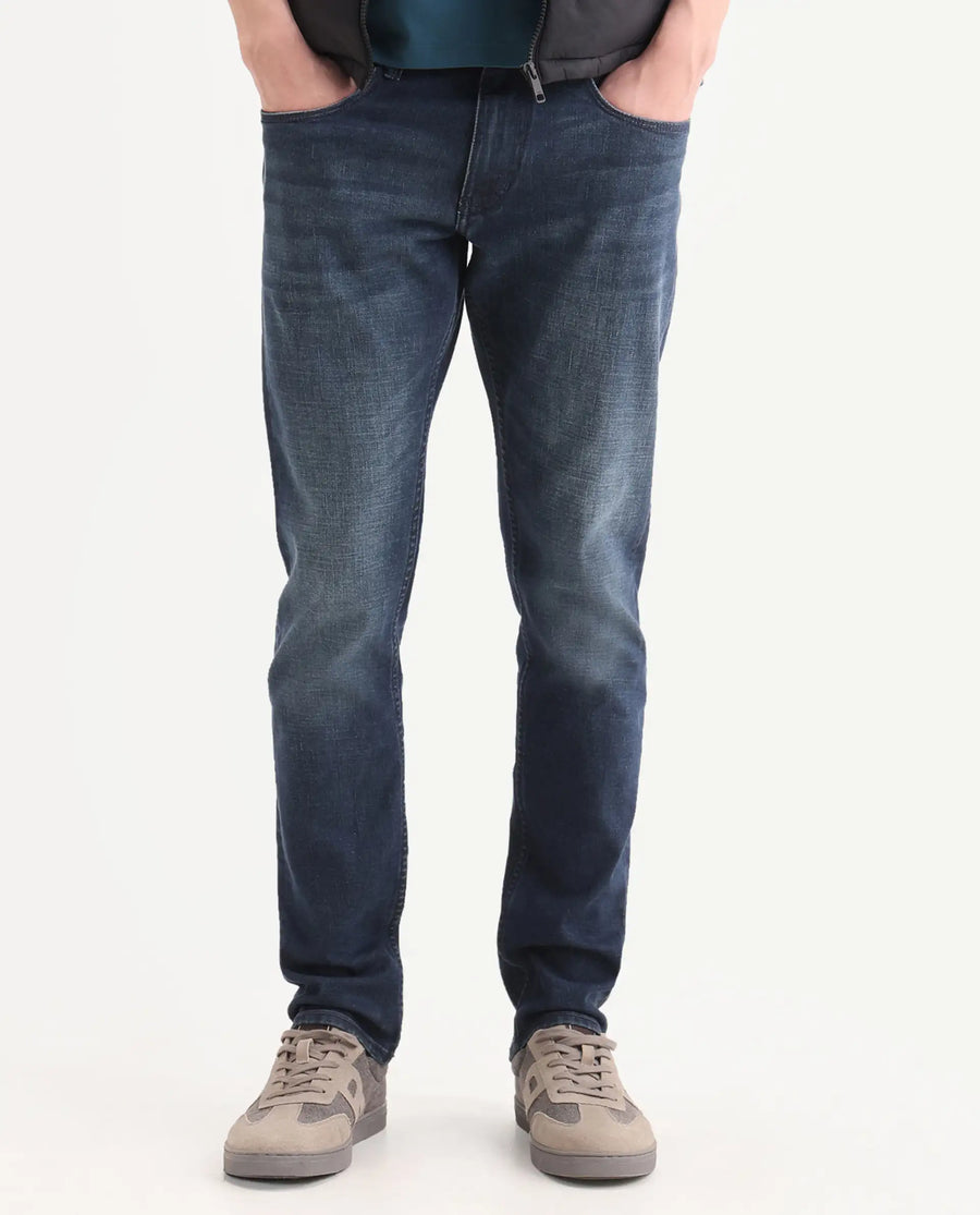 Rare Rabbit Men's Lenz L Blue Cotton Blend Fabric Shank And Zipper Hawk Slim Plain Jeans
