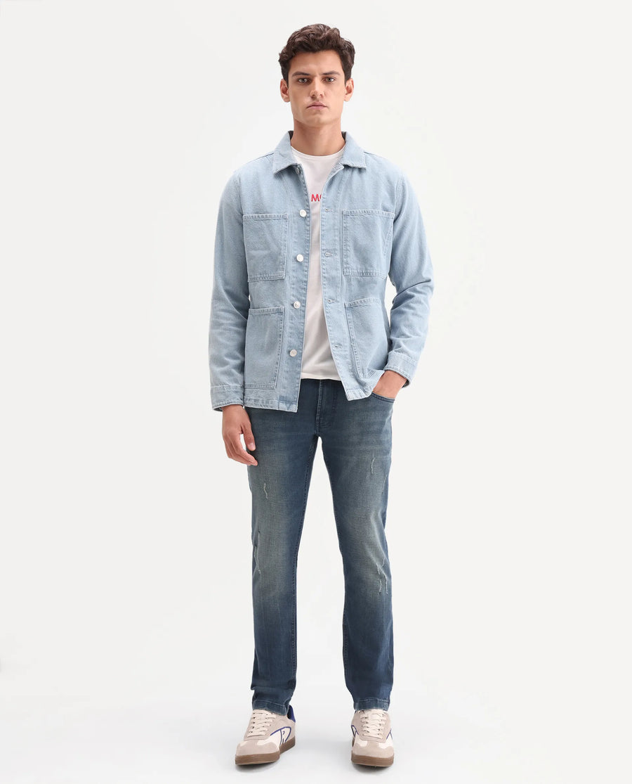 Rare Rabbit Men's Lenz S Blue Cotton Blend Fabric Shank And Zipper Hawk Slim Plain Jeans