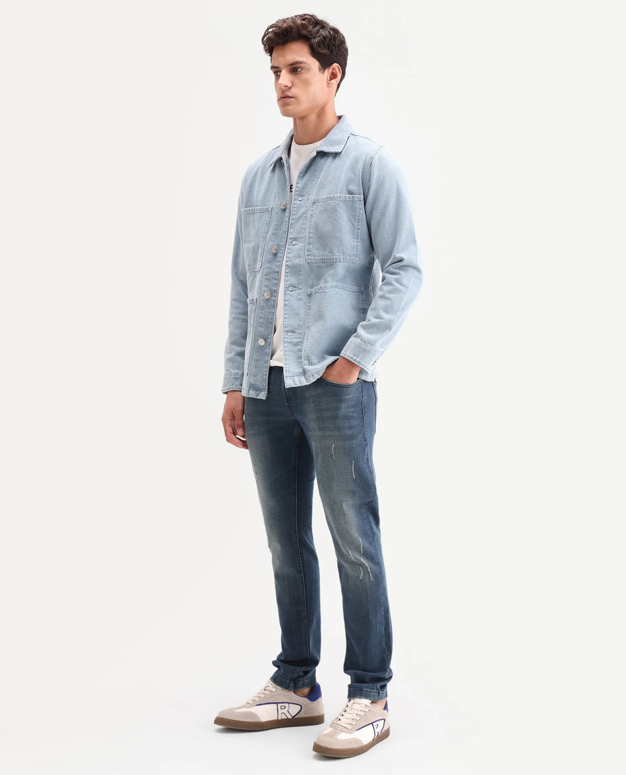 Rare Rabbit Men's Lenz S Blue Cotton Blend Fabric Shank And Zipper Hawk Slim Plain Jeans