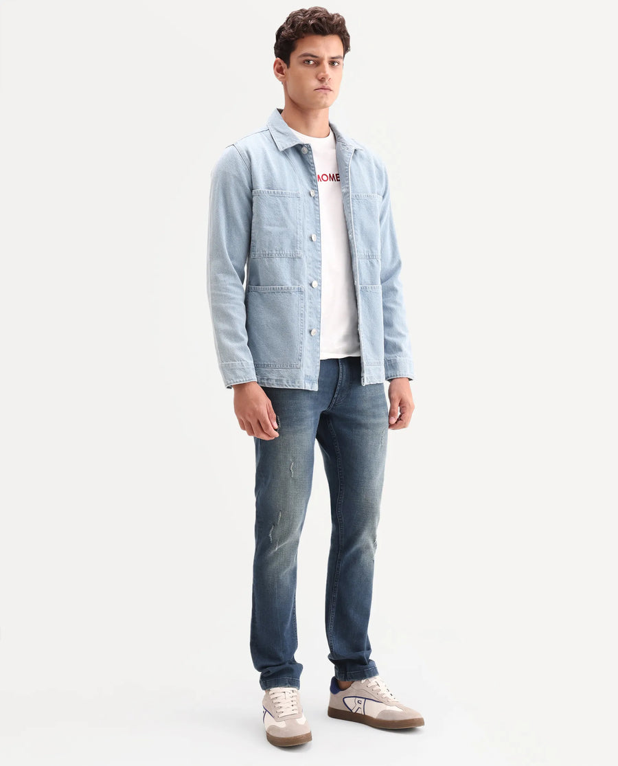 Rare Rabbit Men's Lenz S Blue Cotton Blend Fabric Shank And Zipper Hawk Slim Plain Jeans