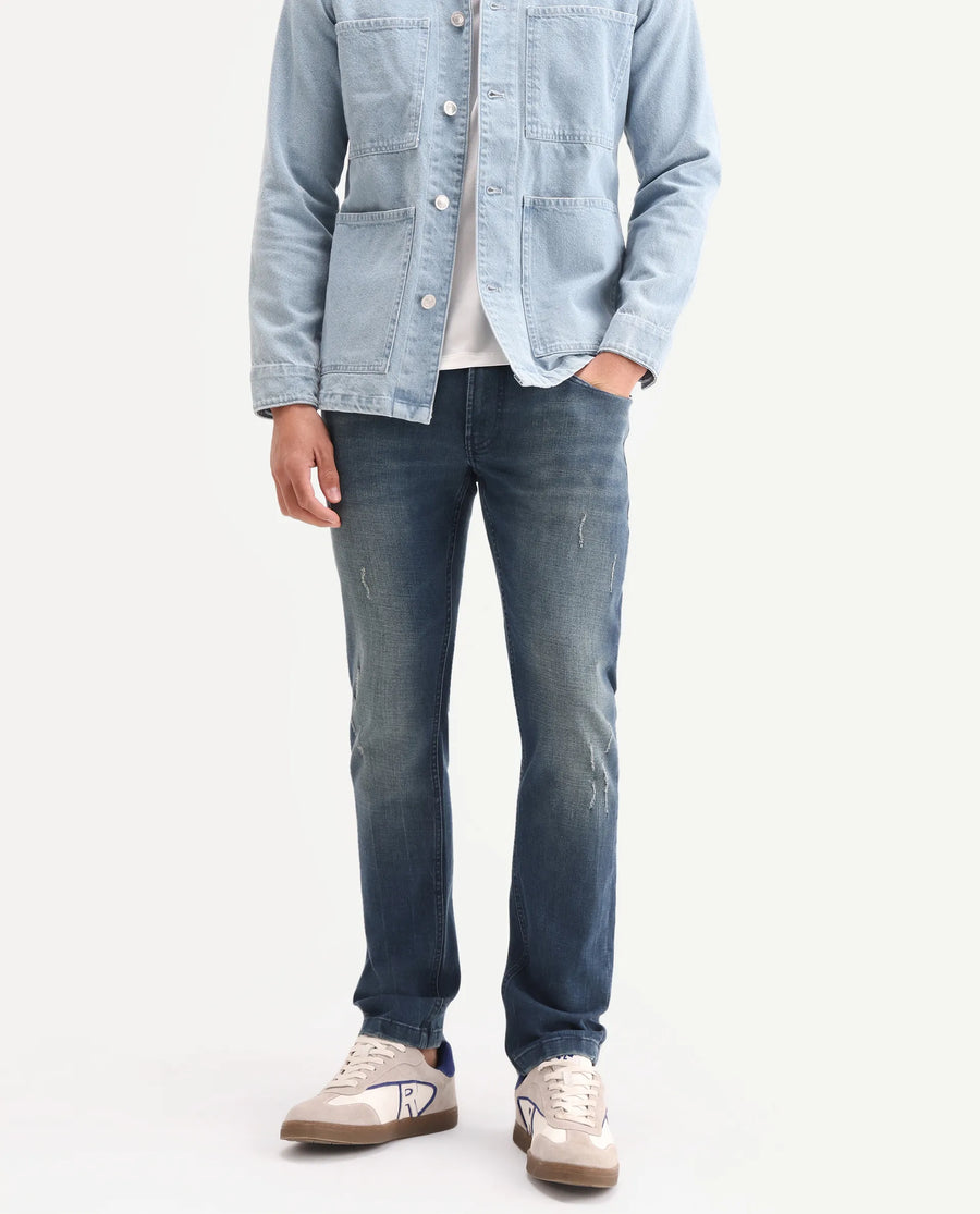 Rare Rabbit Men's Lenz S Blue Cotton Blend Fabric Shank And Zipper Hawk Slim Plain Jeans