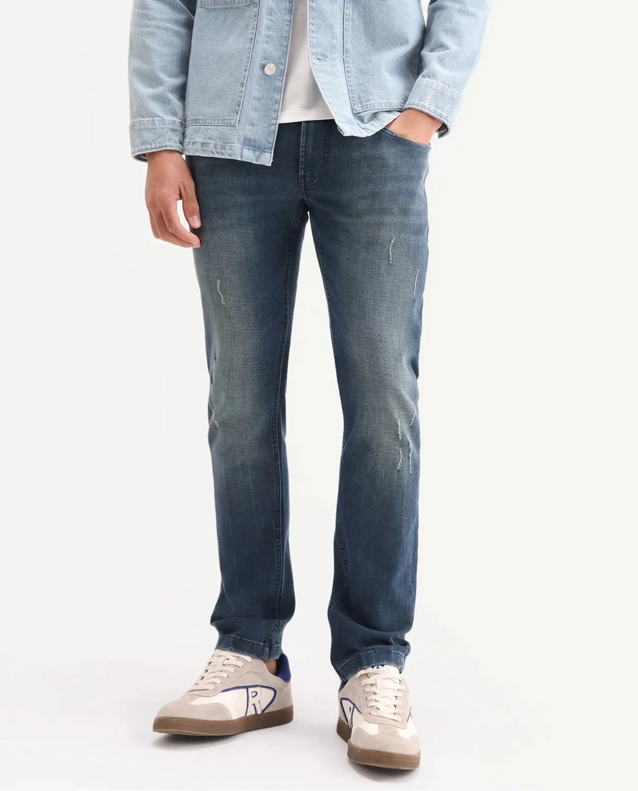 Rare Rabbit Men's Lenz S Blue Cotton Blend Fabric Shank And Zipper Hawk Slim Plain Jeans