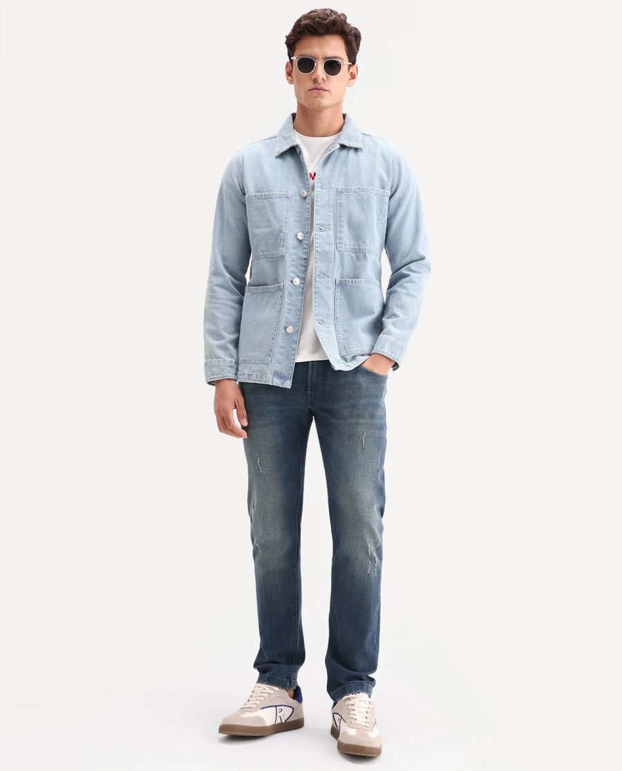 Rare Rabbit Men's Lenz S Blue Cotton Blend Fabric Shank And Zipper Hawk Slim Plain Jeans