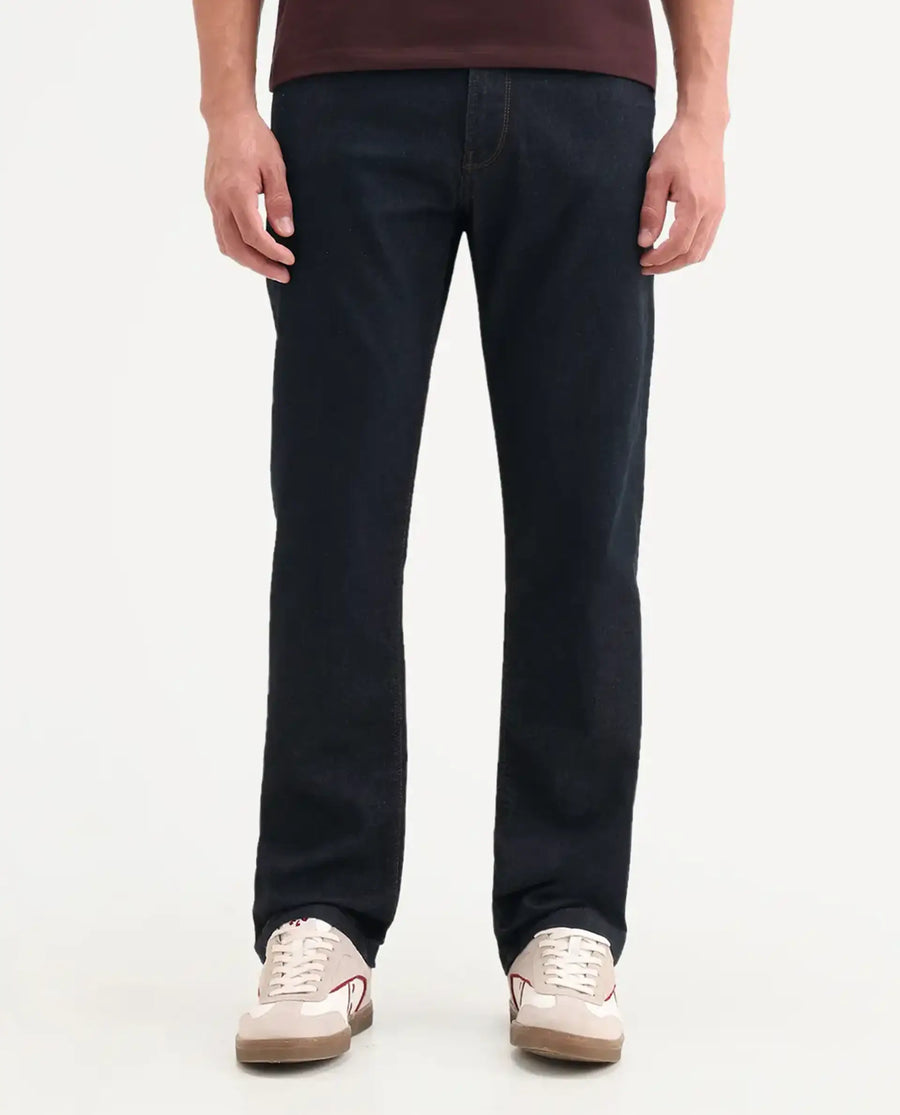 Rare Rabbit Men's Zire M Dark Navy Cotton Blend Fabric Shank And Zipper Morris Regular Plain Jeans