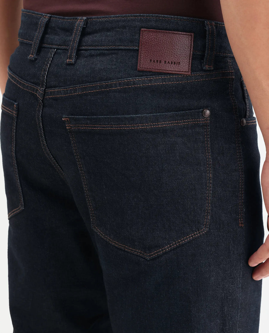 Rare Rabbit Men's Zire M Dark Navy Cotton Blend Fabric Shank And Zipper Morris Regular Plain Jeans