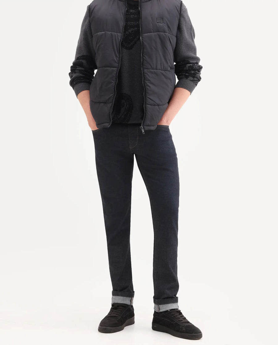 Rare Rabbit Men's Zire H Dark Navy Cotton Blend Fabric Shank And Zipper Hawk Slim Plain Jeans