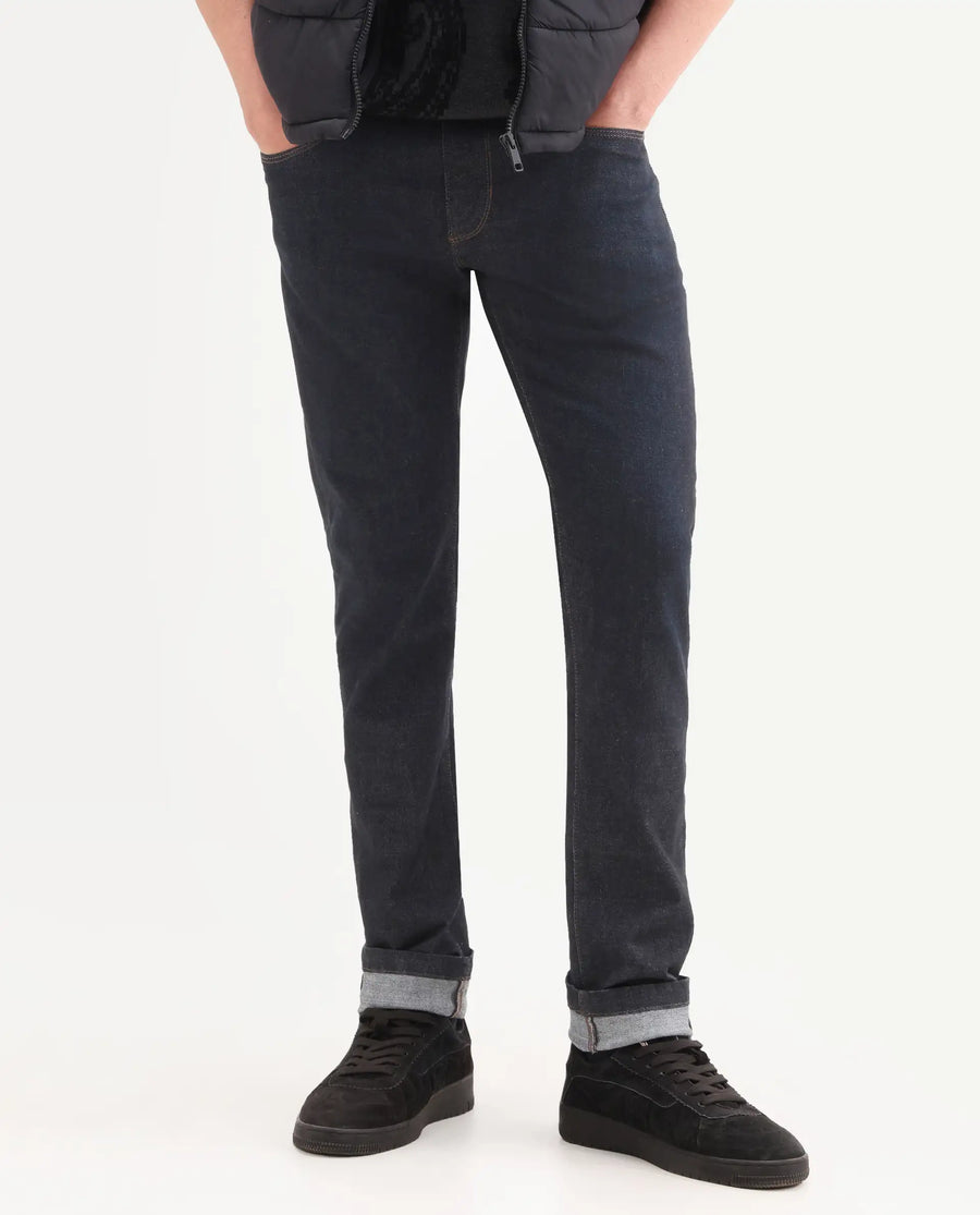 Rare Rabbit Men's Zire H Dark Navy Cotton Blend Fabric Shank And Zipper Hawk Slim Plain Jeans