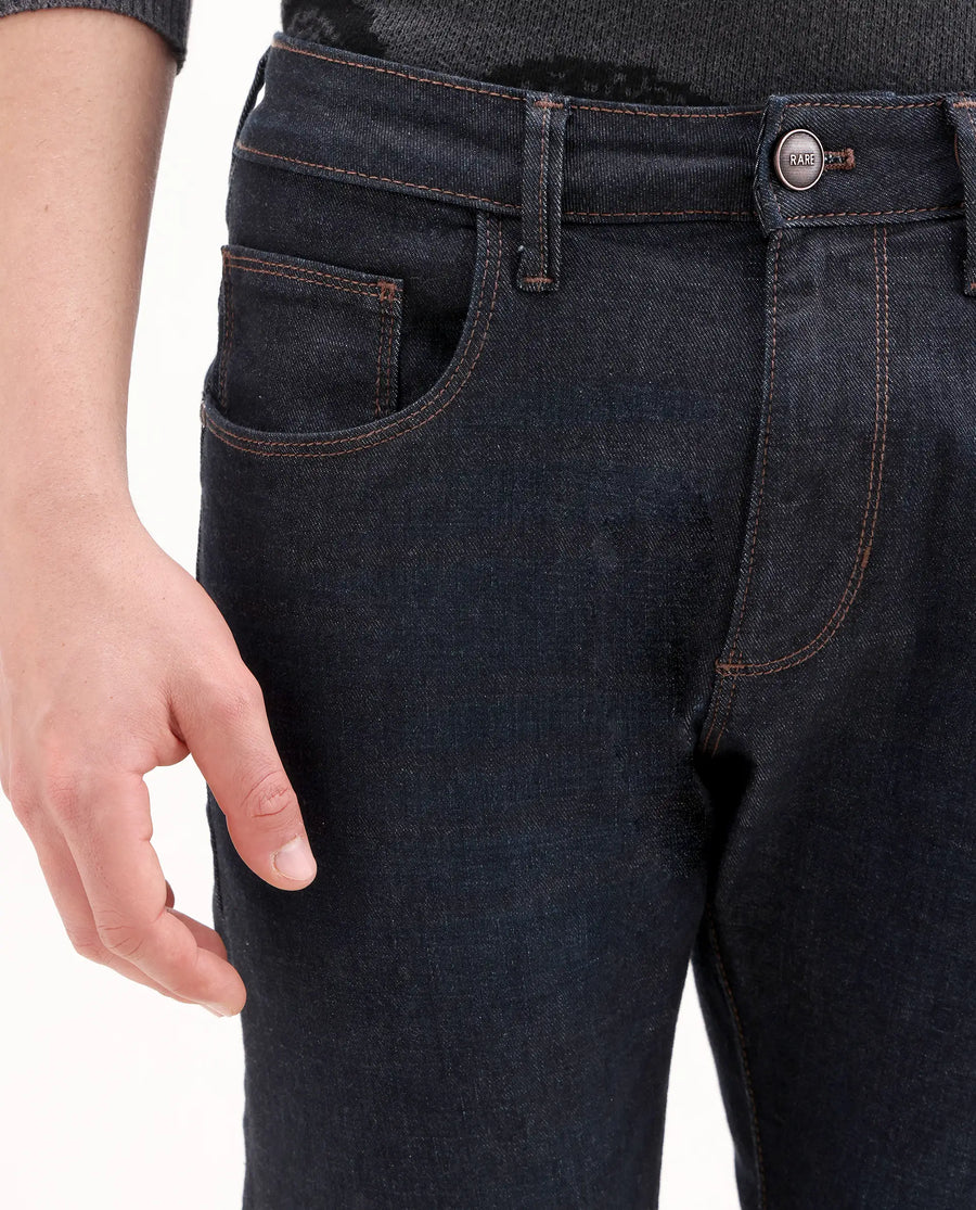 Rare Rabbit Men's Zire H Dark Navy Cotton Blend Fabric Shank And Zipper Hawk Slim Plain Jeans
