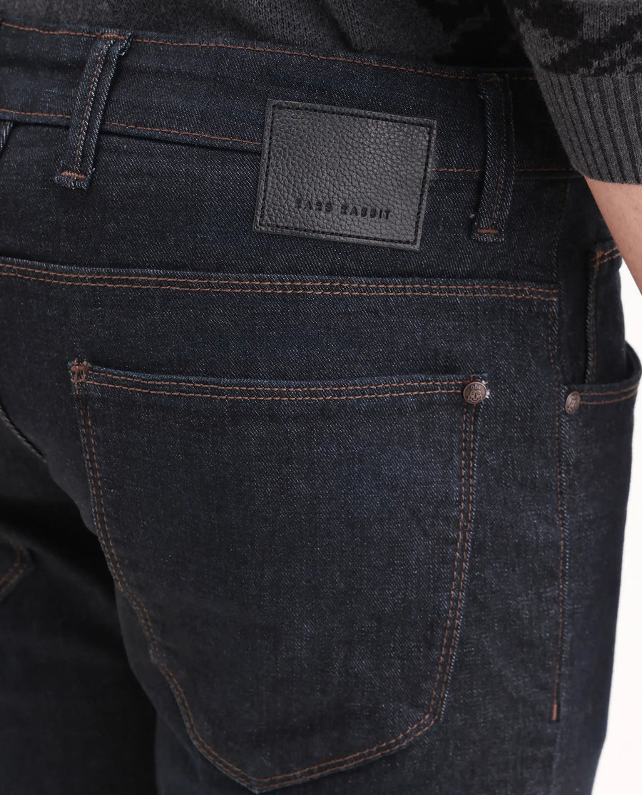 Rare Rabbit Men's Zire H Dark Navy Cotton Blend Fabric Shank And Zipper Hawk Slim Plain Jeans