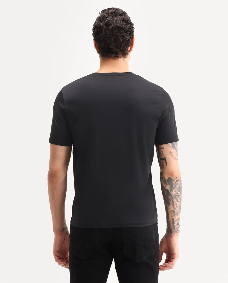 Rare Rabbit Men's Ject-S26 Black Cotton Fabric Half Sleeve Crew Neck Regular Fit Embroidered T-Shirt