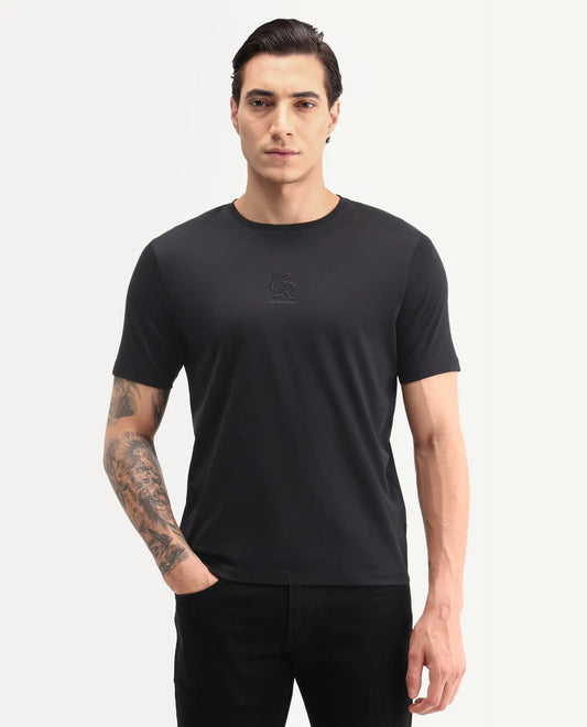 Rare Rabbit Men's Ject-S26 Black Cotton Fabric Half Sleeve Crew Neck Regular Fit Embroidered T-Shirt