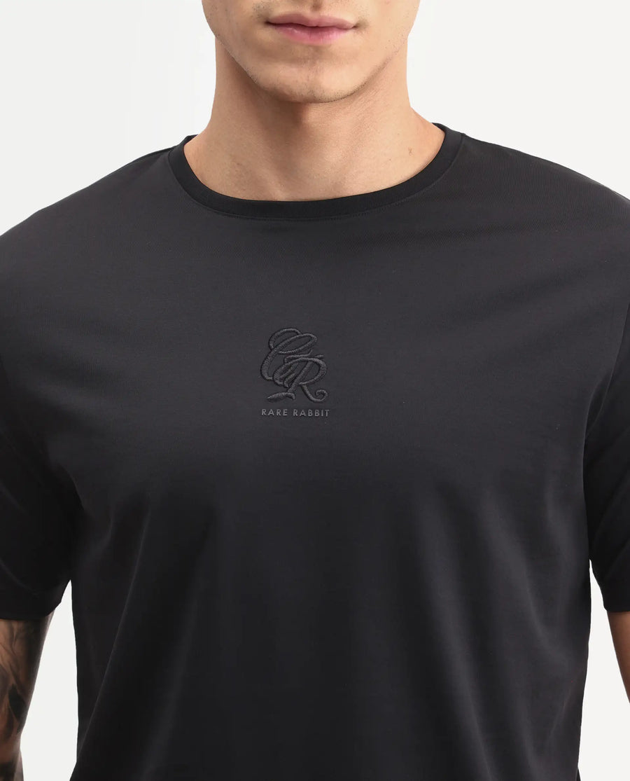 Rare Rabbit Men's Ject-S26 Black Cotton Fabric Half Sleeve Crew Neck Regular Fit Embroidered T-Shirt