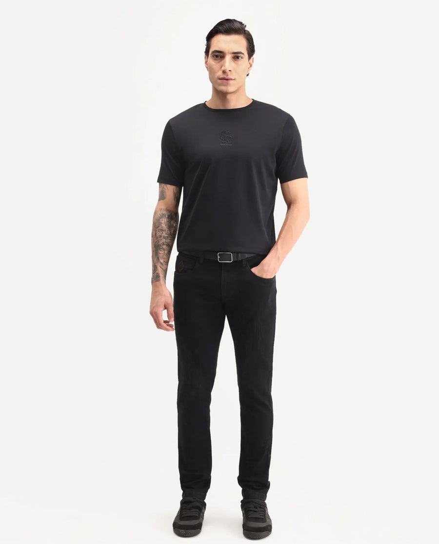 Rare Rabbit Men's Ject-S26 Black Cotton Fabric Half Sleeve Crew Neck Regular Fit Embroidered T-Shirt