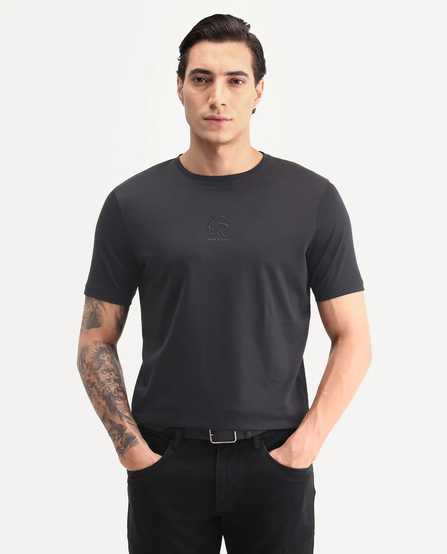Rare Rabbit Men's Ject-S26 Black Cotton Fabric Half Sleeve Crew Neck Regular Fit Embroidered T-Shirt