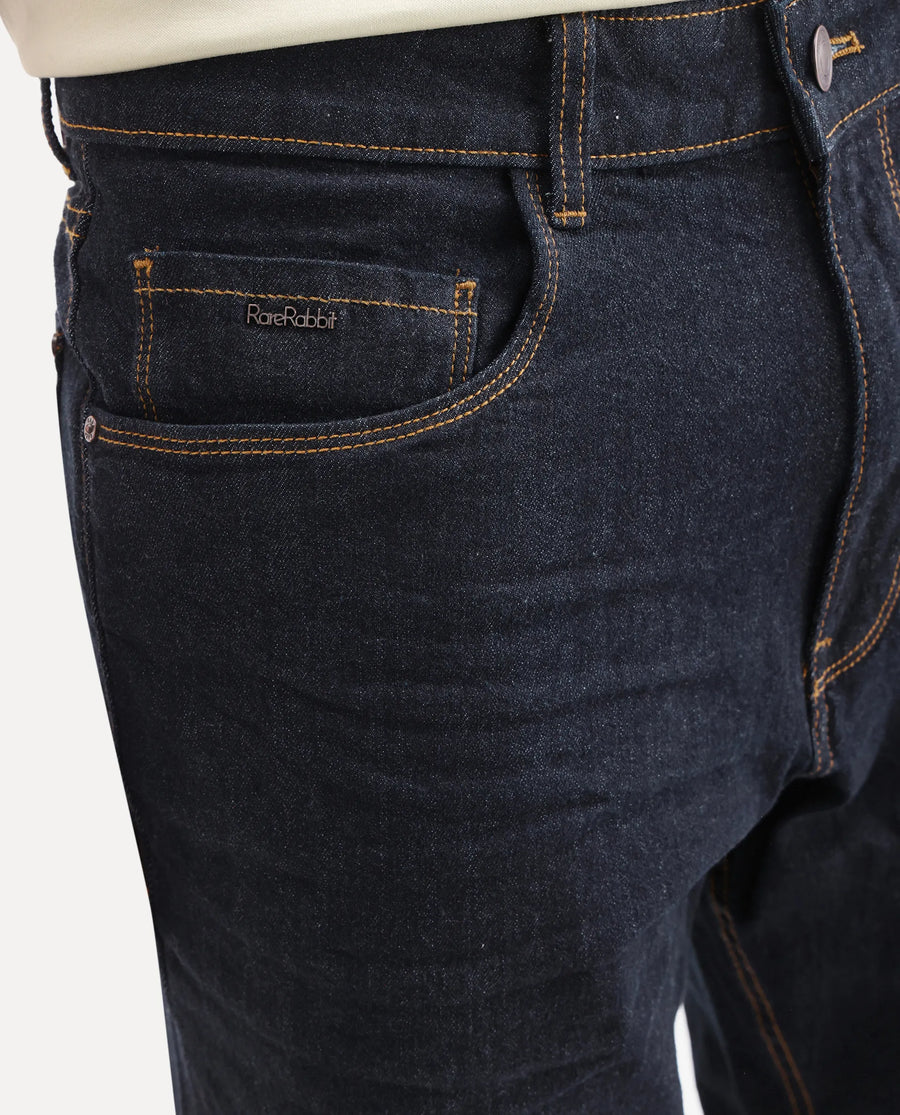 Rare Rabbit Men's Yukto M Dark Navy Cotton Blend Fabric Shank And Zipper Morris Regular Plain Jeans