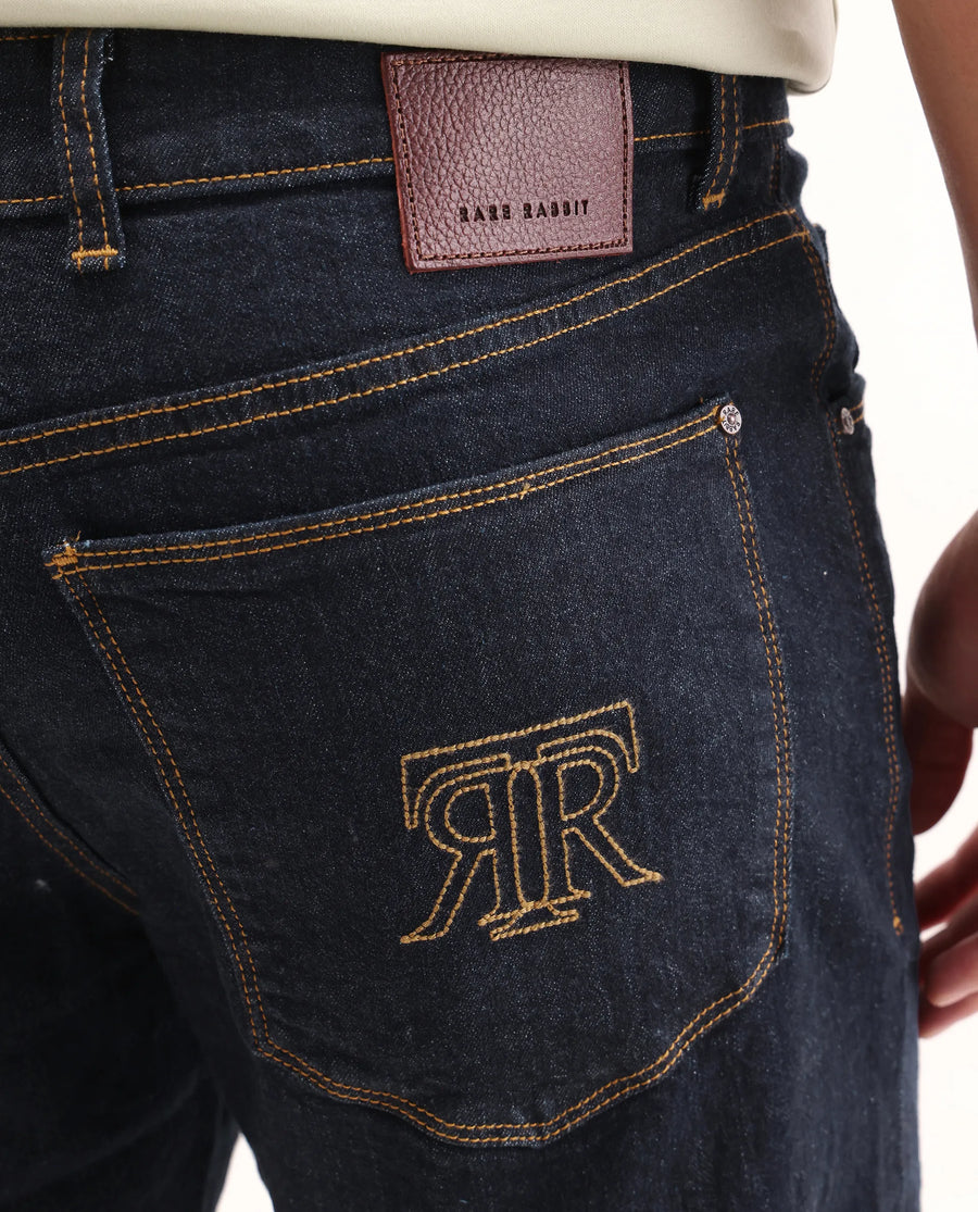 Rare Rabbit Men's Yukto M Dark Navy Cotton Blend Fabric Shank And Zipper Morris Regular Plain Jeans